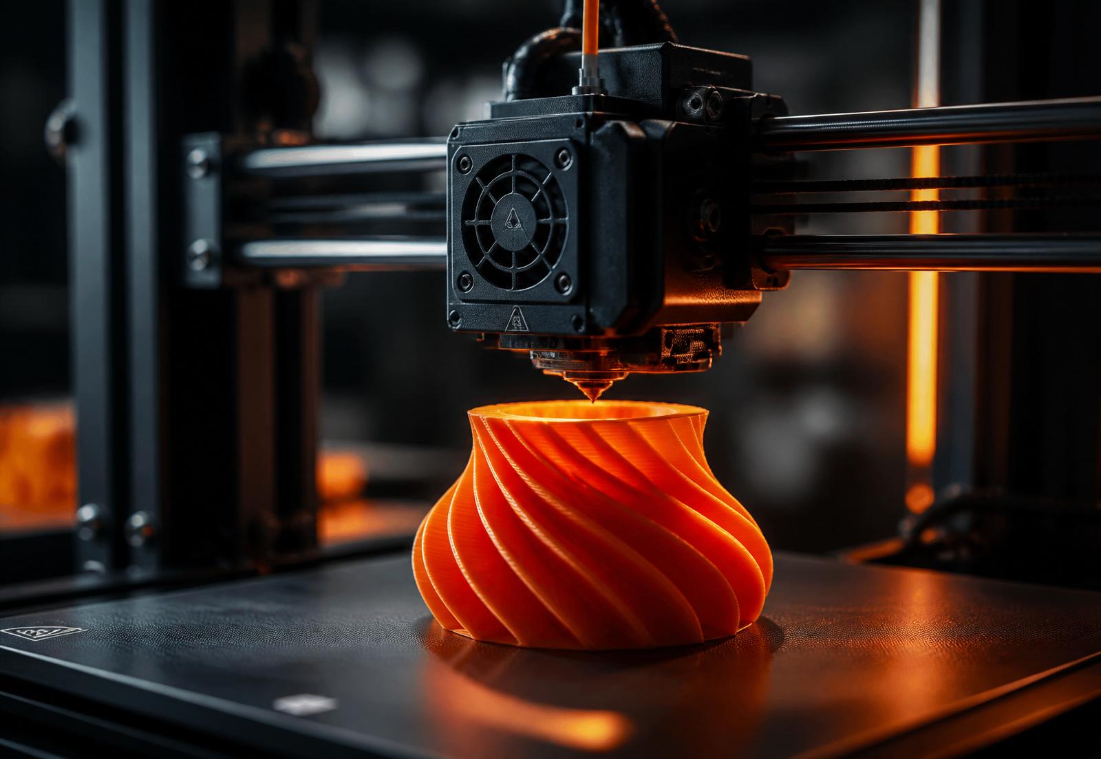Impressora 3D produzindo uma peça laranja em uma oficina